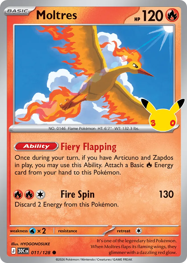 Moltres 011/128 — Pokémon TCG 30th Celebration card front