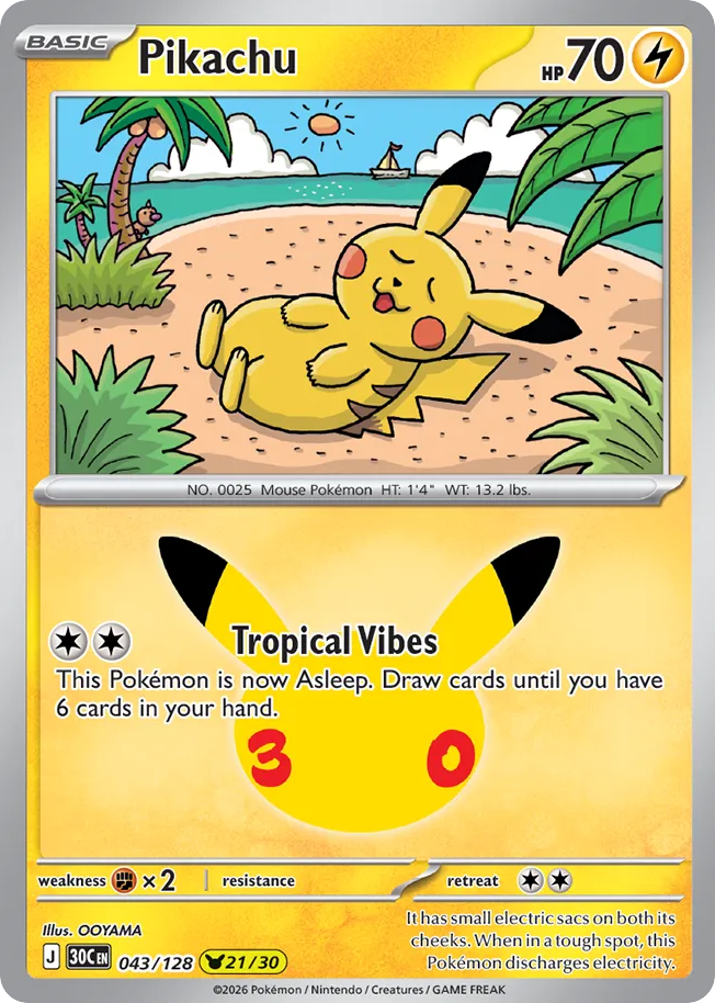 Pikachu (21/30) 043/128 — Pokémon TCG 30th Celebration card front