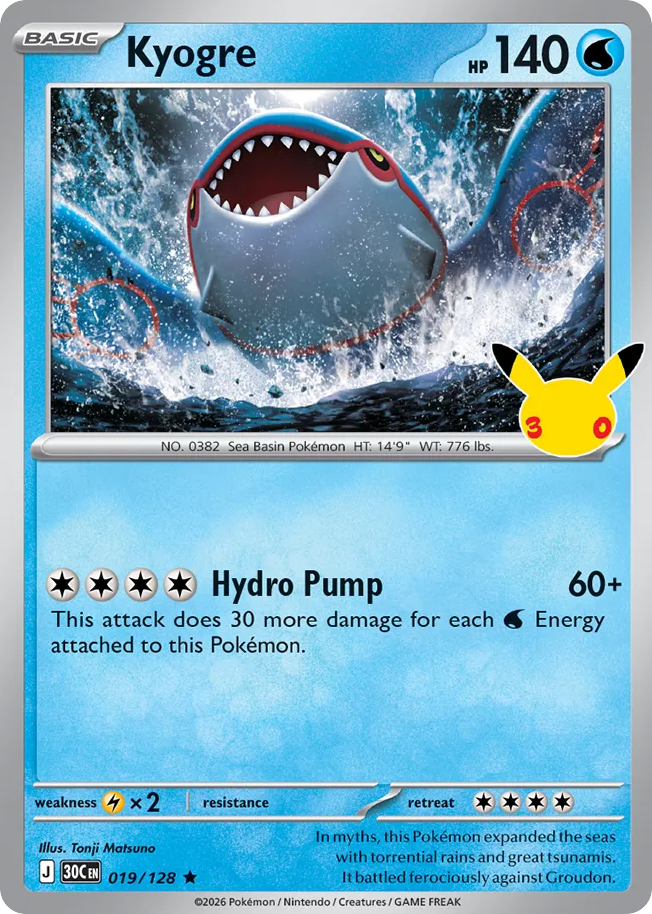 Kyogre 019/128 — Pokémon TCG 30th Celebration card front