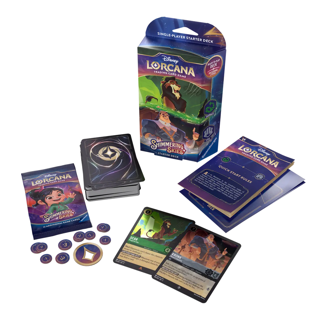 Disney Lorcana Shimmering Skies Scar and Kronk Emerald Steel starter deck and contents