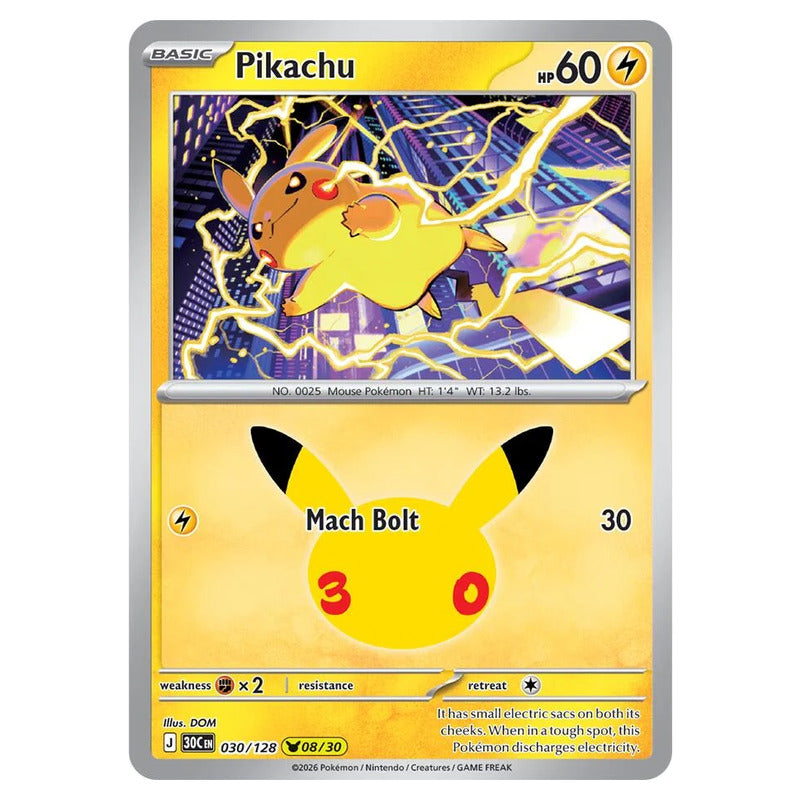 Pikachu (08/30) 030/128 – Pokémon 30th Celebration card artwork