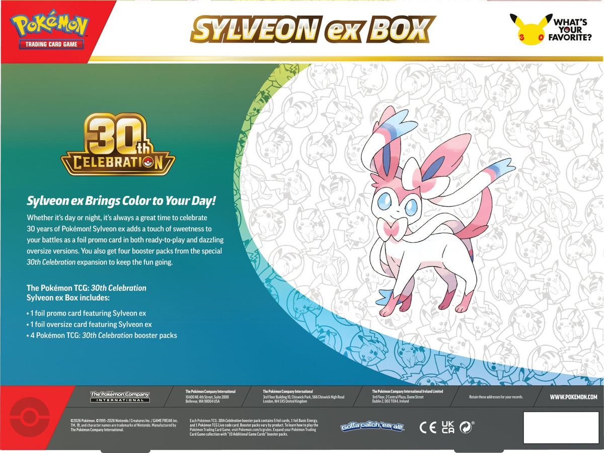 Pokémon 30th Celebration Sylveon ex Box back (display/packaging reference; item supplied factory sealed)