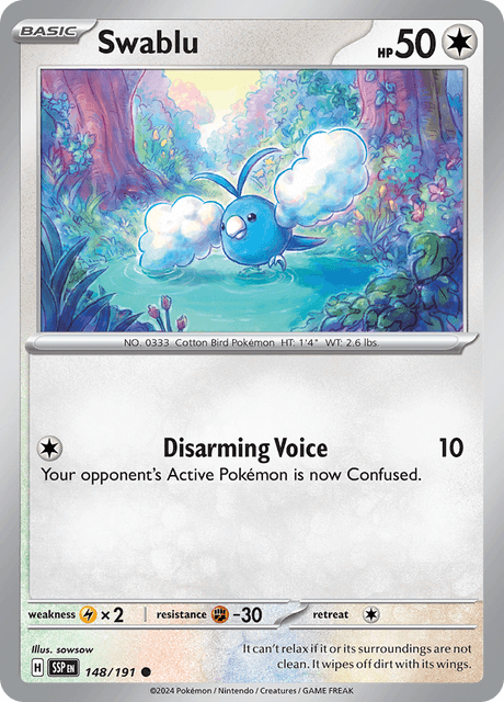 Swablu 148/191 – Pokémon Surging Sparks card artwork