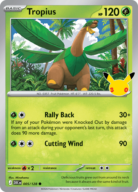 Tropius 005/128 Pokémon 30th Celebration Holo English card front