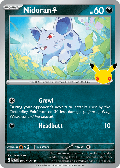 Nidoran♀ 087/128 Pokémon 30th Celebration Holo English card front