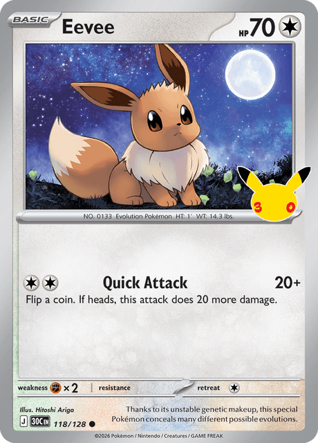 Eevee 118/128 Pokémon 30th Celebration Holo English card front