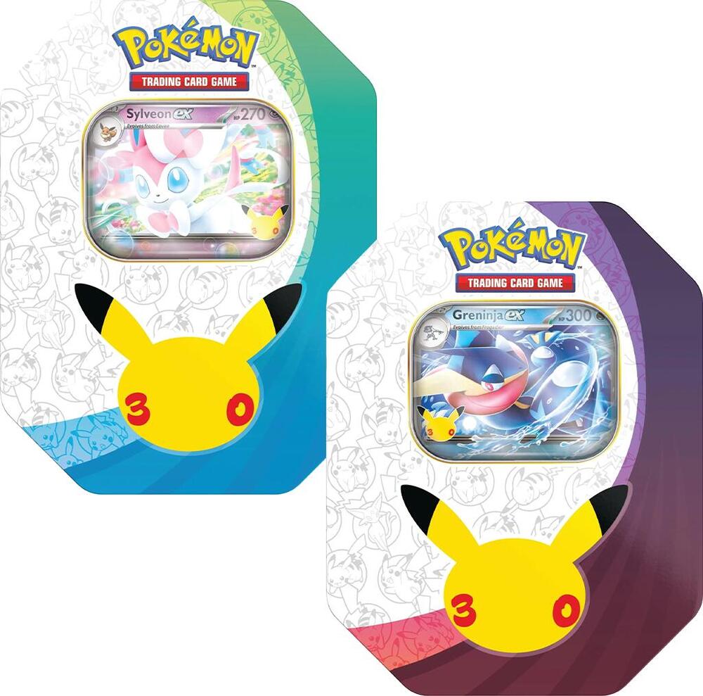 Sylveon ex and Greninja ex 30th Celebration tins shown; listing is for one assorted tin only