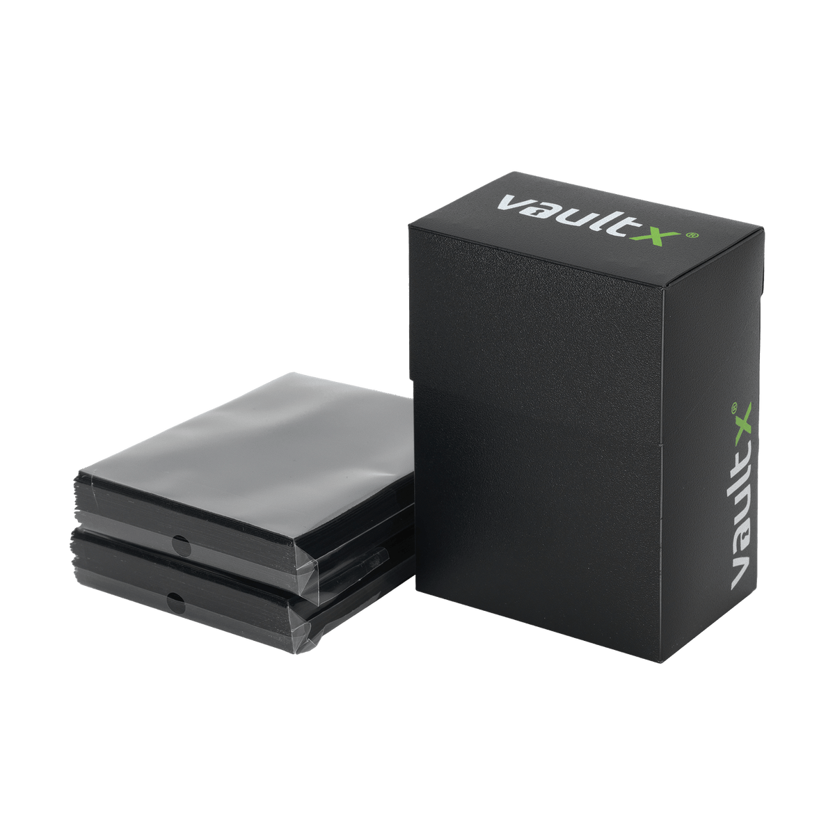 Vault X Small 60+ Deck Box Black with included 100 black card sleeves photographed on white background
