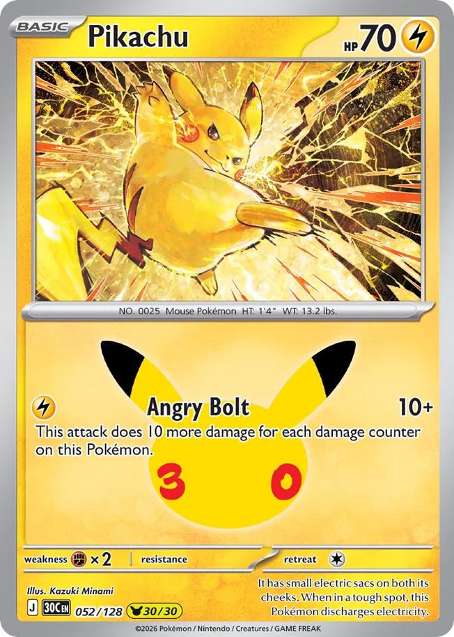 Pikachu (30/30) 052/128 — Pokémon TCG 30th Celebration card front