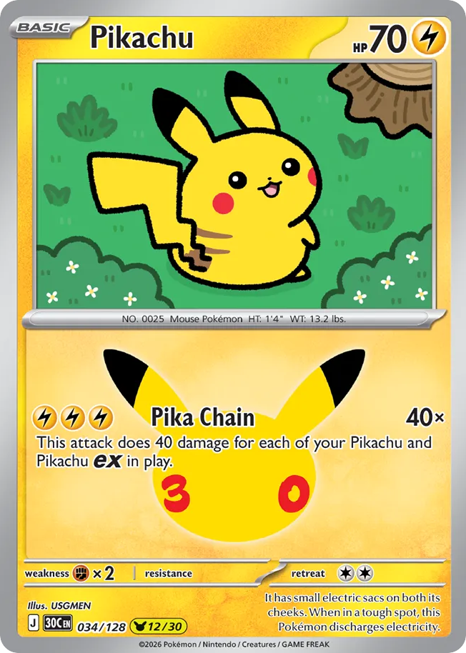 Pikachu (12/30) 034/128 — Pokémon TCG 30th Celebration card front