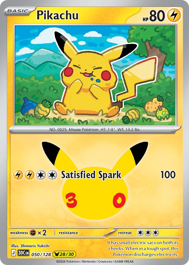 Pikachu (28/30) 050/128 — Pokémon TCG 30th Celebration card front