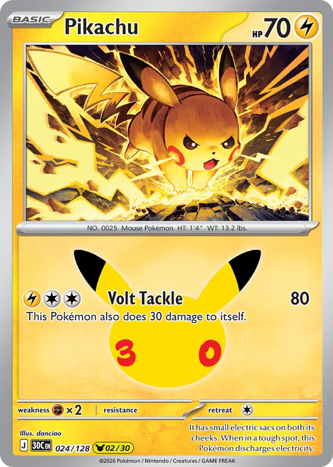 Pikachu (02/30) 024/128 — Pokémon TCG 30th Celebration card front