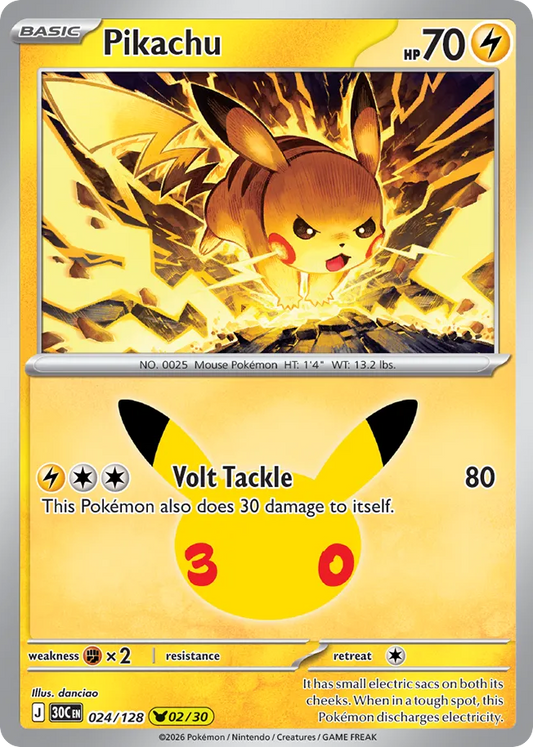 Pikachu (02/30) 024/128 — Pokémon TCG 30th Celebration card front