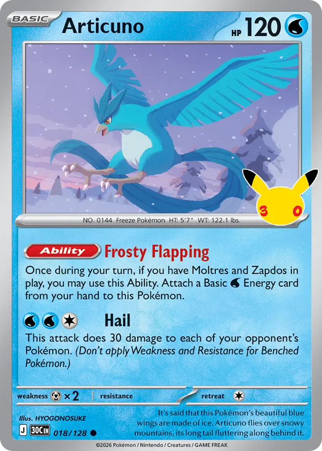 Articuno 018/128 — Pokémon TCG 30th Celebration card front