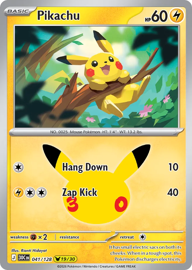 Pikachu (19/30) 041/128 — Pokémon TCG 30th Celebration card front