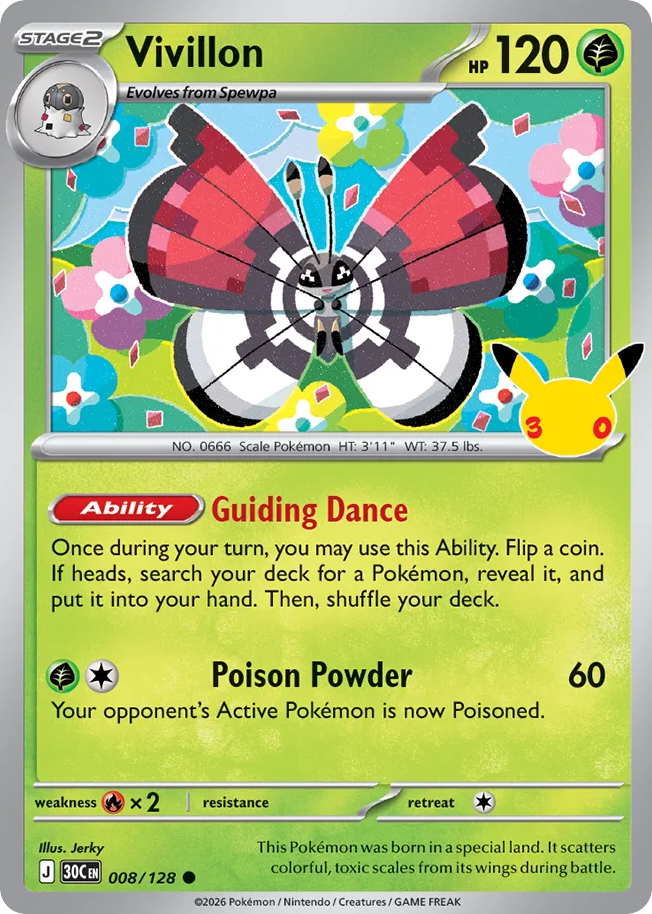 Vivillon 008/128 — Pokémon TCG 30th Celebration card front