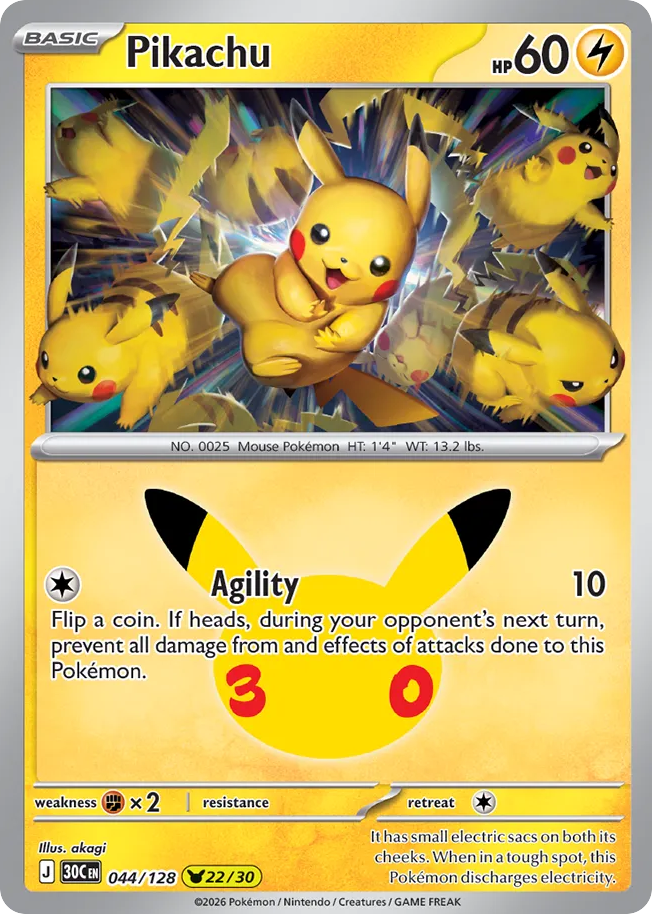 Pikachu (22/30) 044/128 — Pokémon TCG 30th Celebration card front