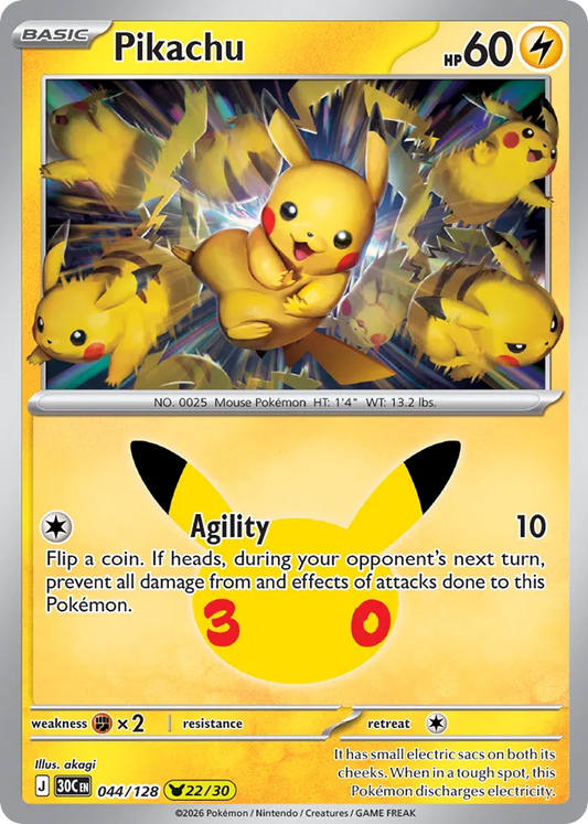 Pikachu (22/30) 044/128 — Pokémon TCG 30th Celebration card front