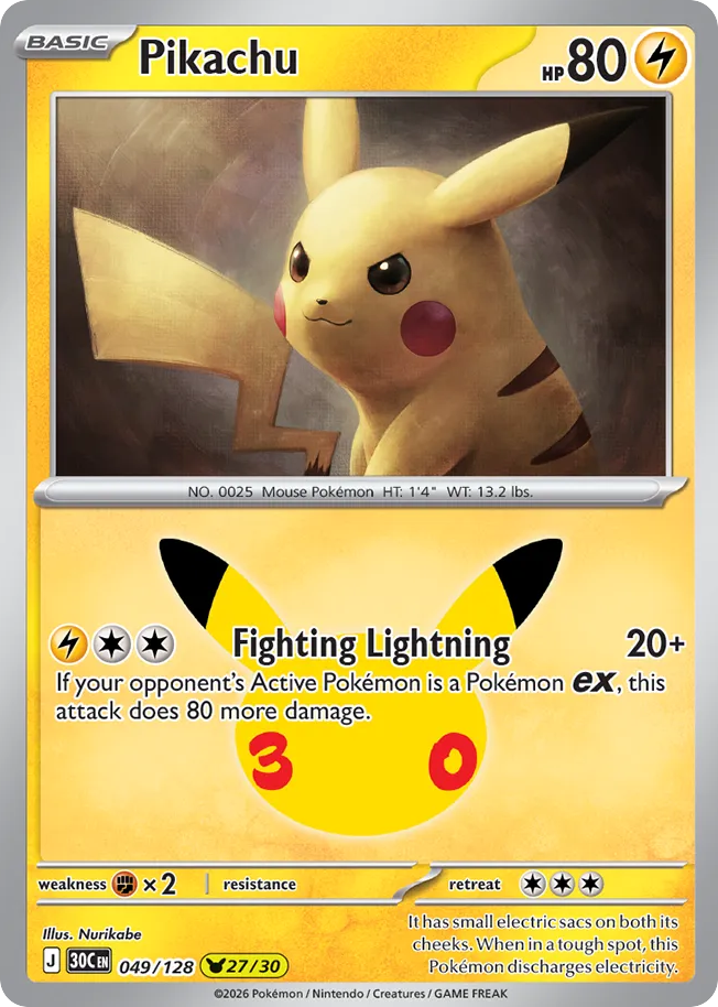 Pikachu (27/30) 049/128 — Pokémon TCG 30th Celebration card front
