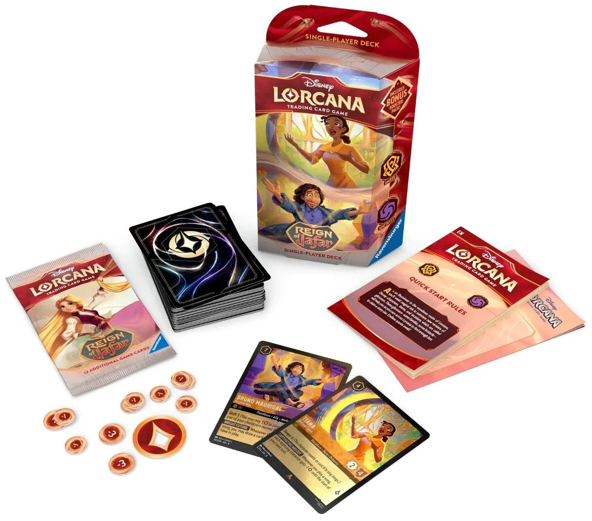 Disney Lorcana Reign of Jafar Tiana and Bruno Amber Amethyst starter deck and contents