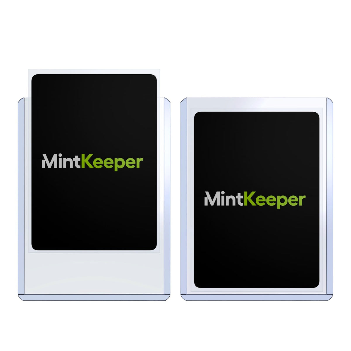Close-up of MintKeeper regular 35pt toploader showing how a standard-size trading card is protected