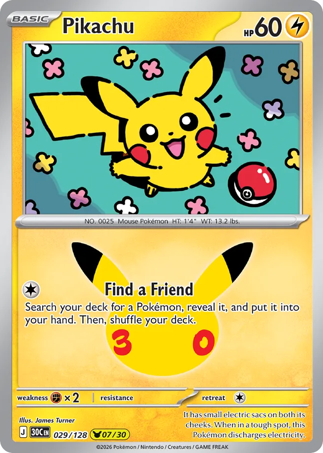 Pikachu (7/30) 029/128 — Pokémon TCG 30th Celebration card front