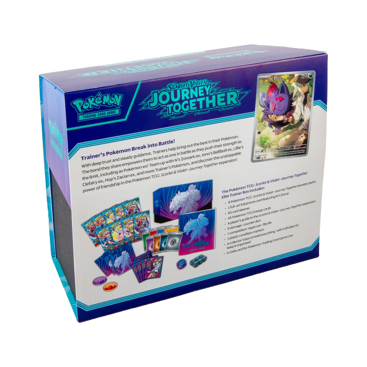 Pokémon Journey Together Elite Trainer Box — studio-white-background rear panel and contents