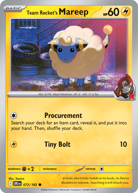 Team Rocket's Mareep 072/182 – Pokémon Destined Rivals card artwork