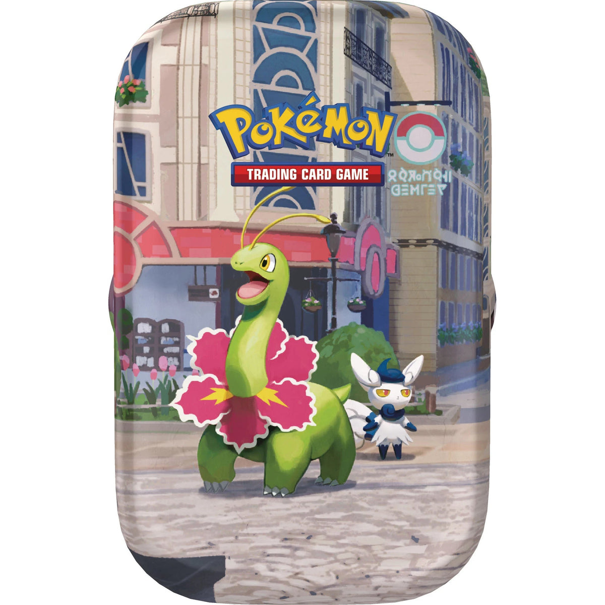 Pokémon Lumiose City Mini Tin Meganium & Meowstic sealed front artwork