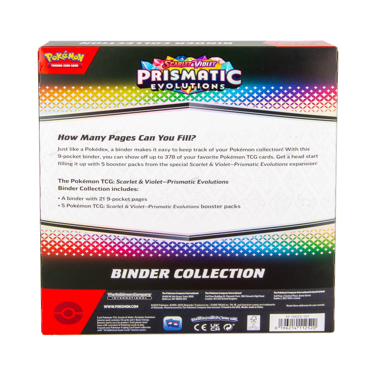 Pokémon Prismatic Evolutions Binder Collection — rear of box with nine-pocket binder and included boosters