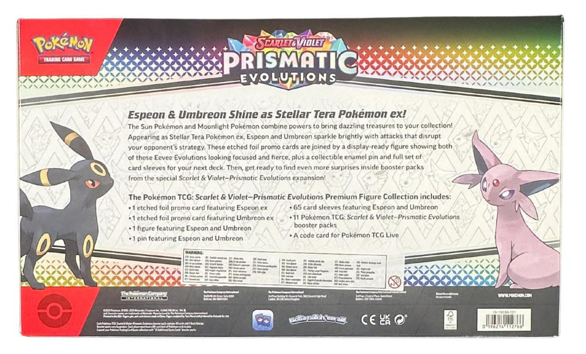 Pokémon Prismatic Evolutions Espeon & Umbreon Premium Figure Collection — reverse of retail box and included items