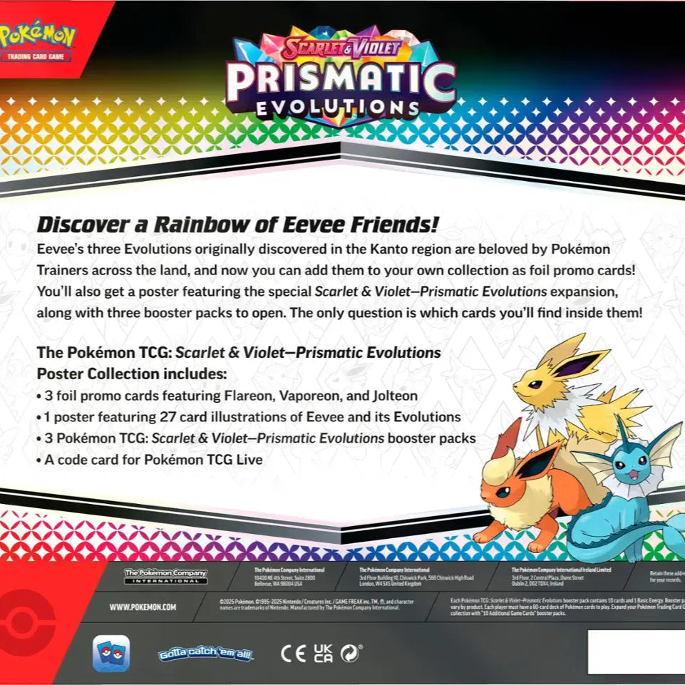 Pokémon Prismatic Evolutions Poster Collection — clean retail product back showing included booster packs and promos