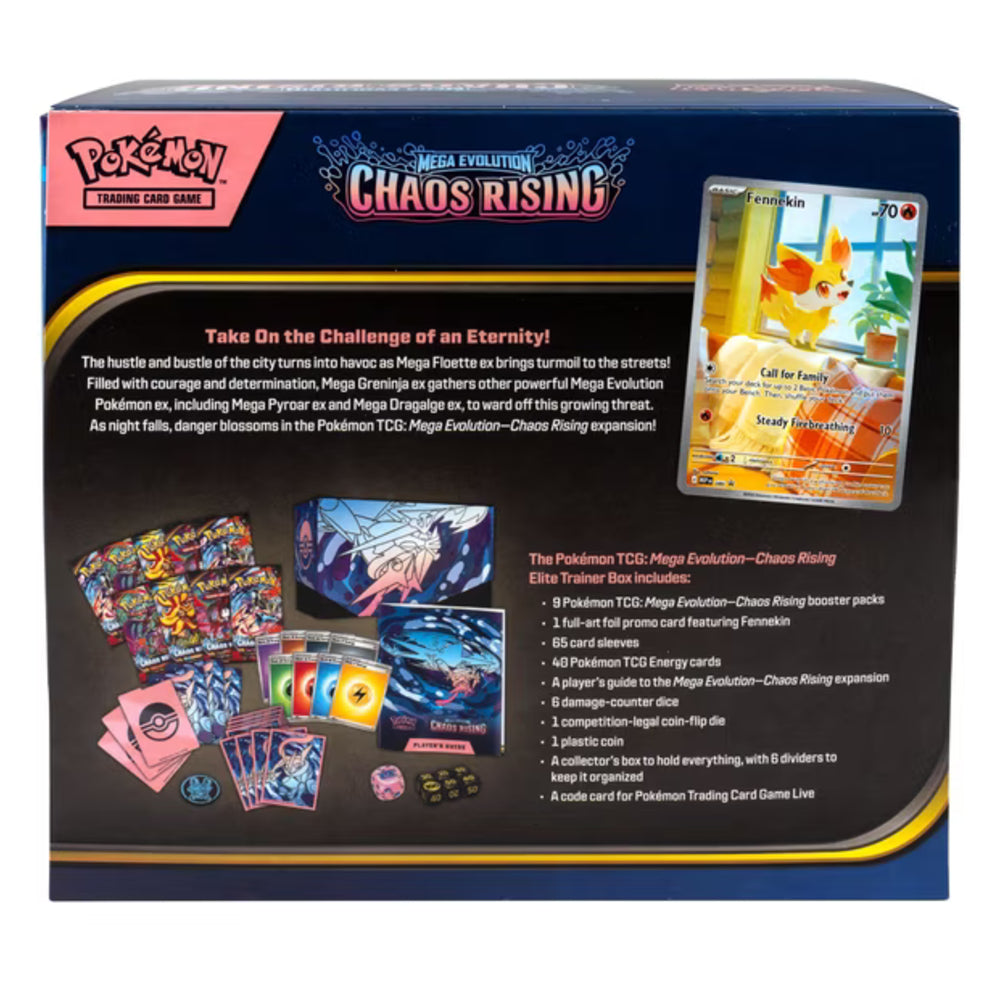 Pokémon Mega Evolution Chaos Rising ETB back packaging (contents illustration and retail packaging)