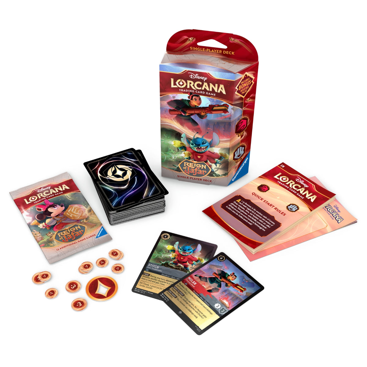 Disney Lorcana Reign of Jafar Mulan and Stitch starter deck contents including cards, booster and tokens