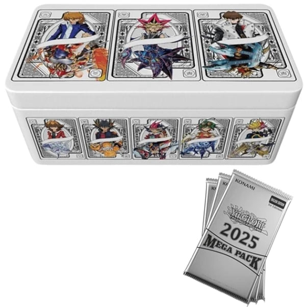 Yu-Gi-Oh 2025 Mega-Pack Tin contents showing three included Mega Packs