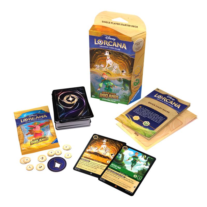 Disney Lorcana Into the Inklands 101 Dalmatians & Peter Pan Starter Deck contents laid out