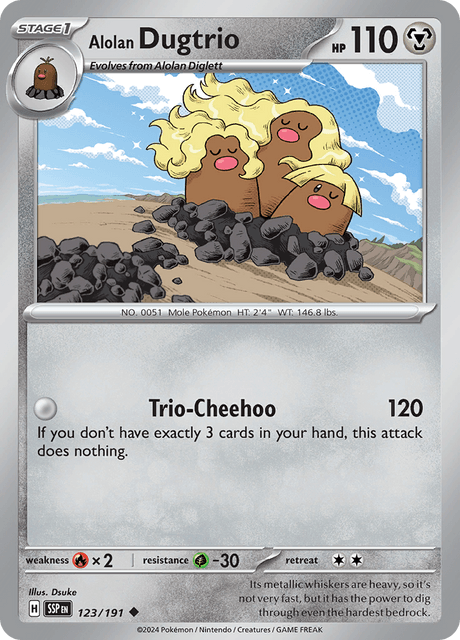Alolan Dugtrio 123/191 – Pokémon Surging Sparks card artwork