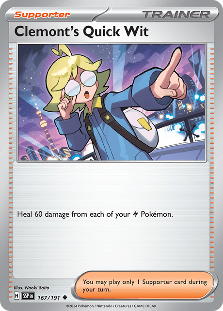 Clemont's Quick Wit 167/191 – Pokémon Surging Sparks card artwork