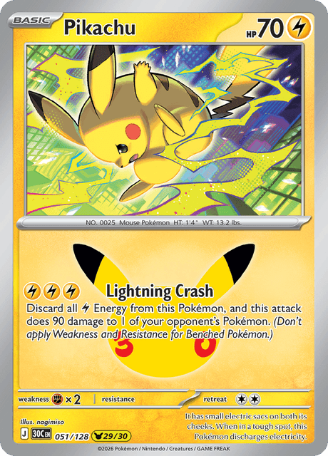Pikachu (29/30) 051/128 Pokémon 30th Celebration Holo English card front