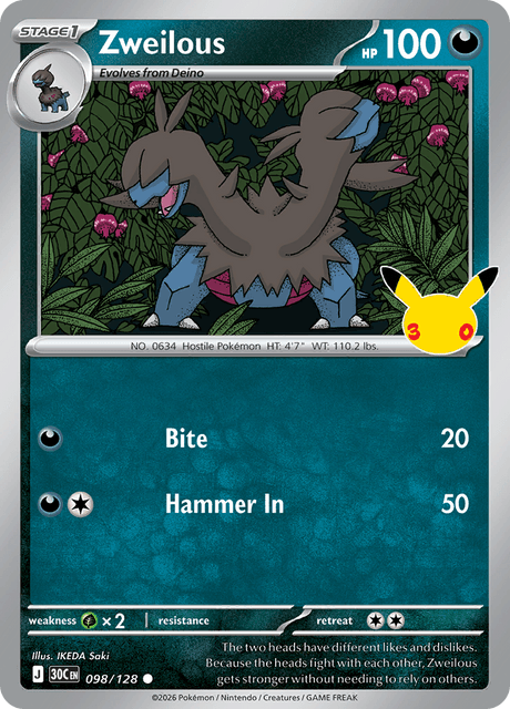 Zweilous 098/128 Pokémon 30th Celebration Holo English card front