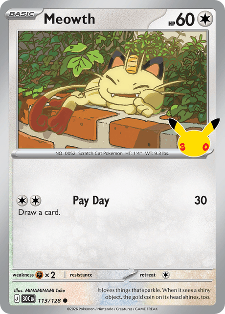 Meowth 113/128 Pokémon 30th Celebration Holo English card front