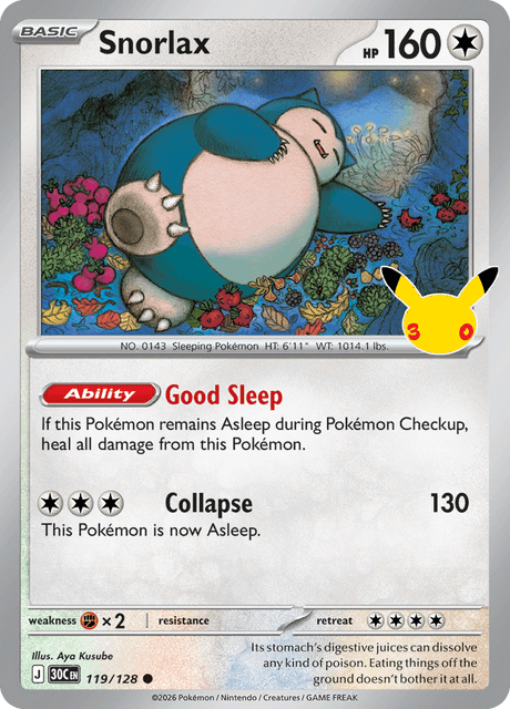 Snorlax 119/128 Pokémon 30th Celebration Holo English card front