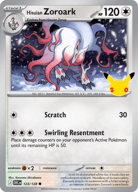 Hisuian Zoroark 123/128 Pokémon 30th Celebration Holo English card front