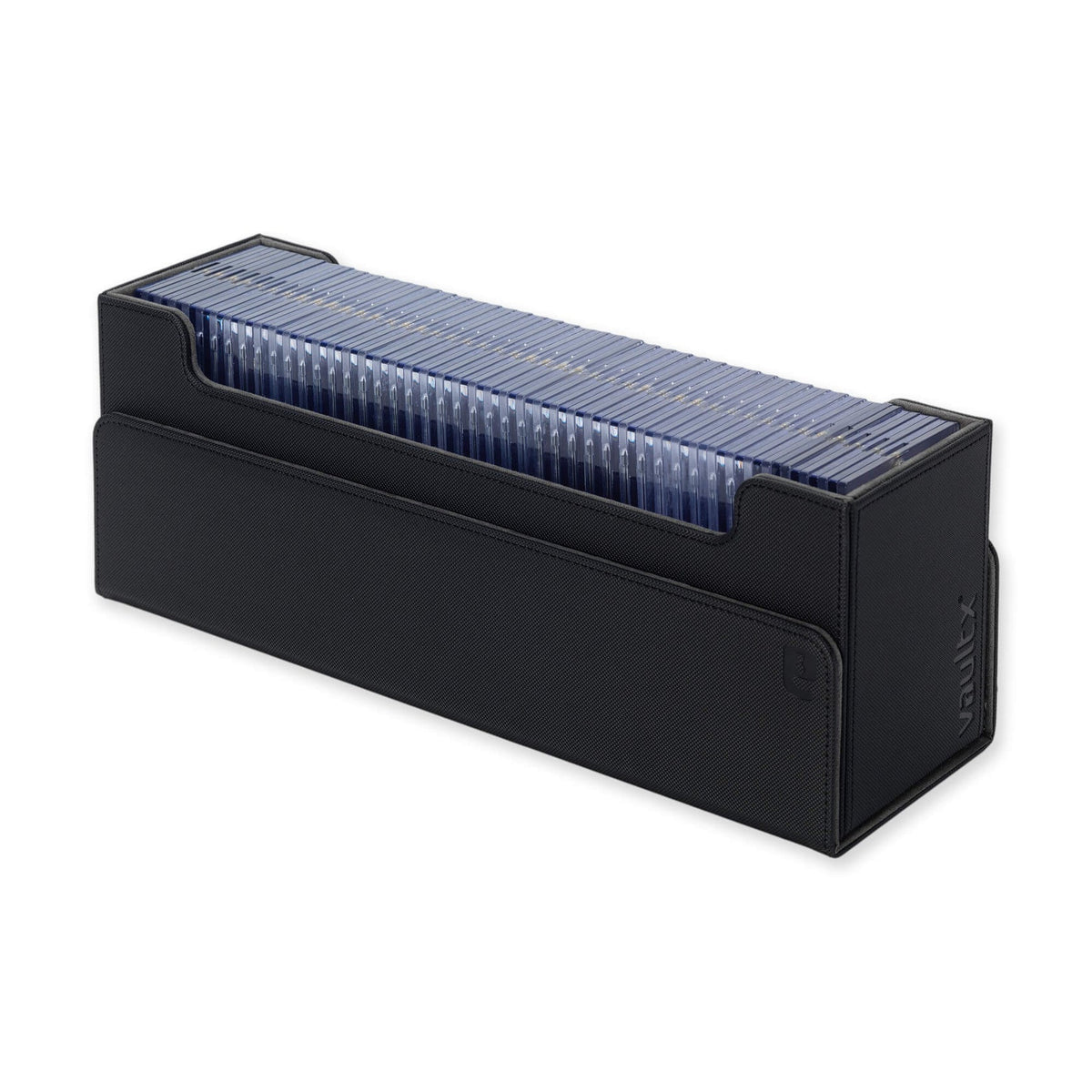 Vault X 450+ Exo-Tec Signature Black Card Box shown filled with toploaders for illustrative purposes