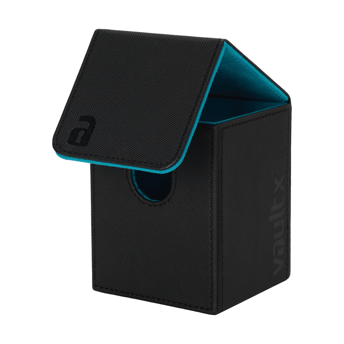 Vault X Exo-Tec black blue 80+ deck box with flap open showing bright electric blue microfibre interior