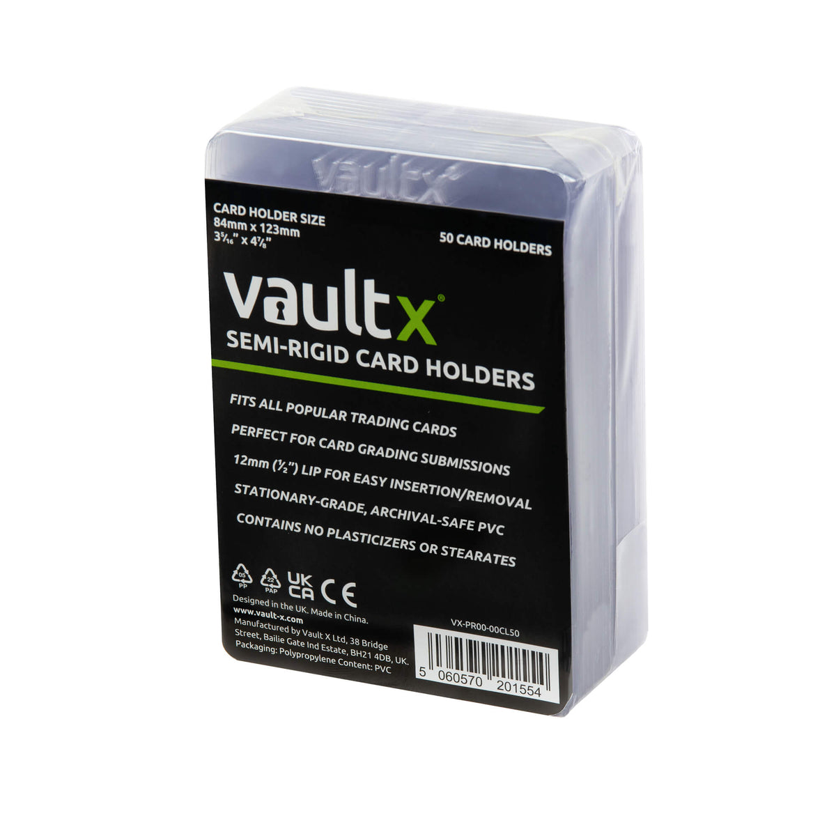 Vault X Semi-Rigid Card Holders 50 pack, official clear packaged holders front view