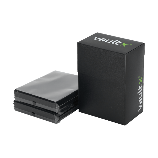 Vault X Small 60+ Deck Box Black with included 100 black card sleeves photographed on white background